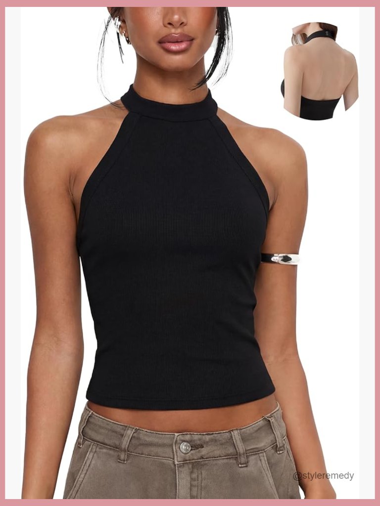Padded Halter Tank Top High Neck Backless Ribbed Cotton Blend Cami
